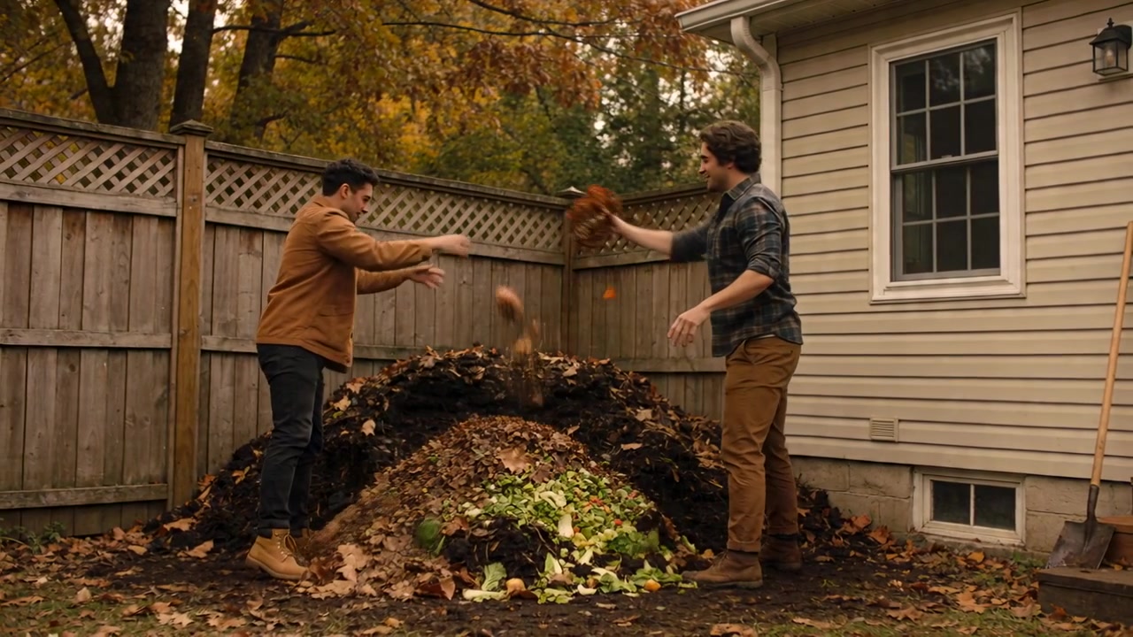 Starting scooping, men in workwear making leaf and food-scrap pile at yard corner for composting