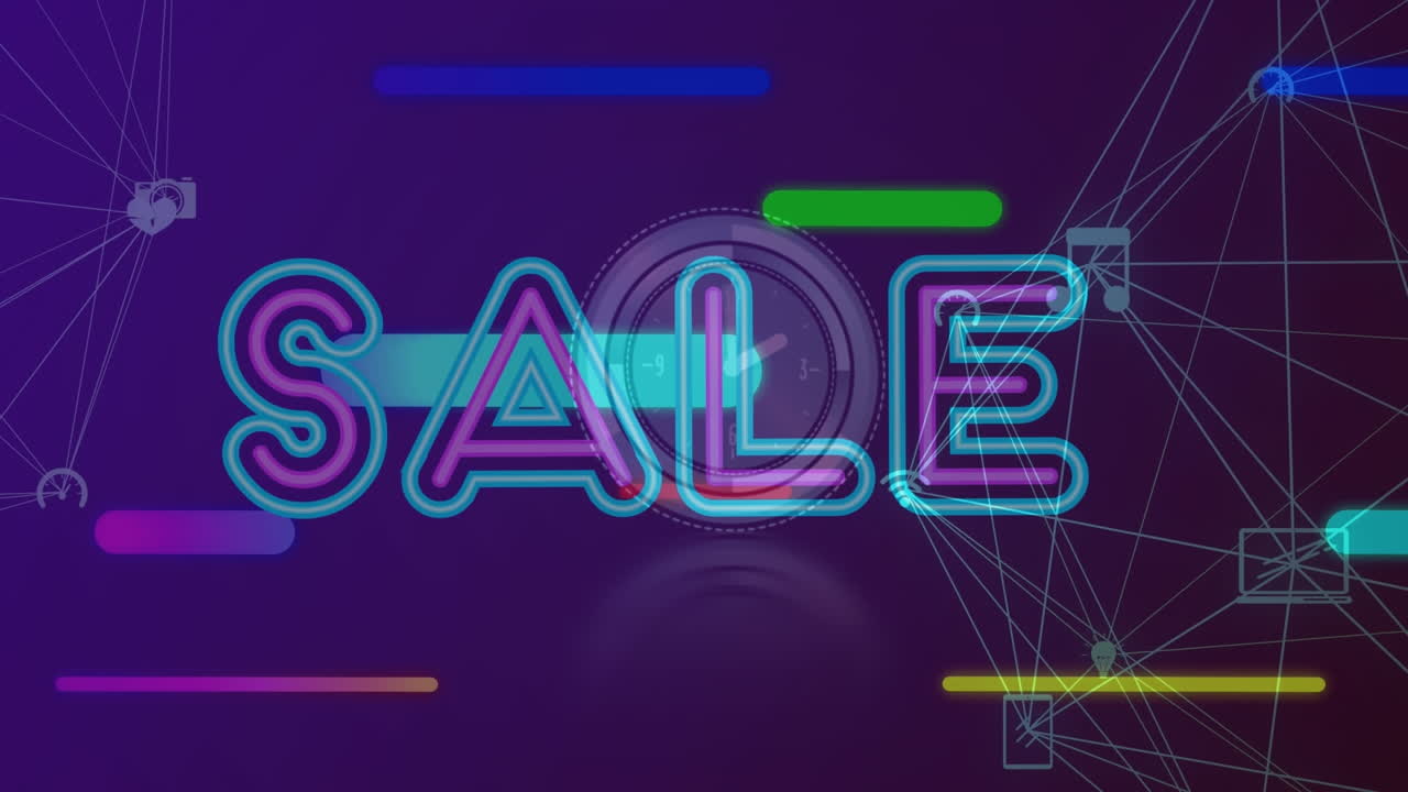 анимация текстового баннера продажи и световых следов над тикающими часами и глобусом цифровых икон.