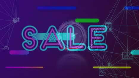 animación de banner de texto de venta y senderos de luz sobre el reloj y el globo de iconos digitales.