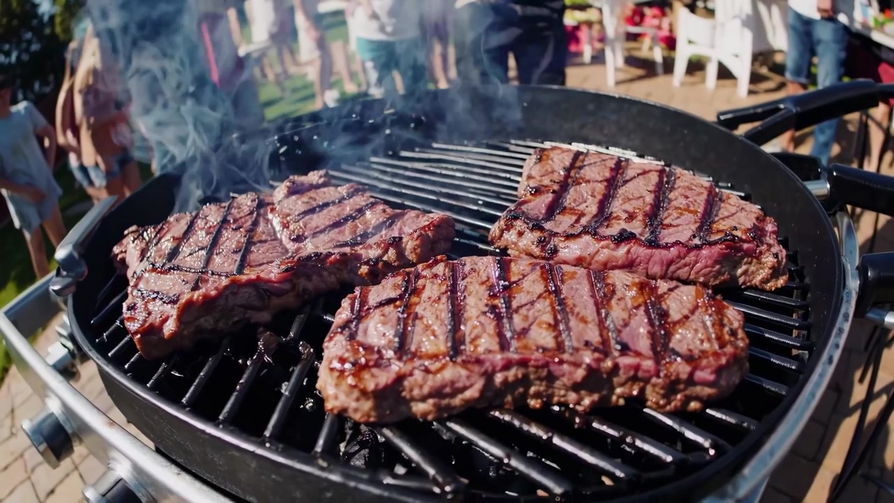 Amici e famiglia che si godono un barbecue in giardino con cibo alla griglia