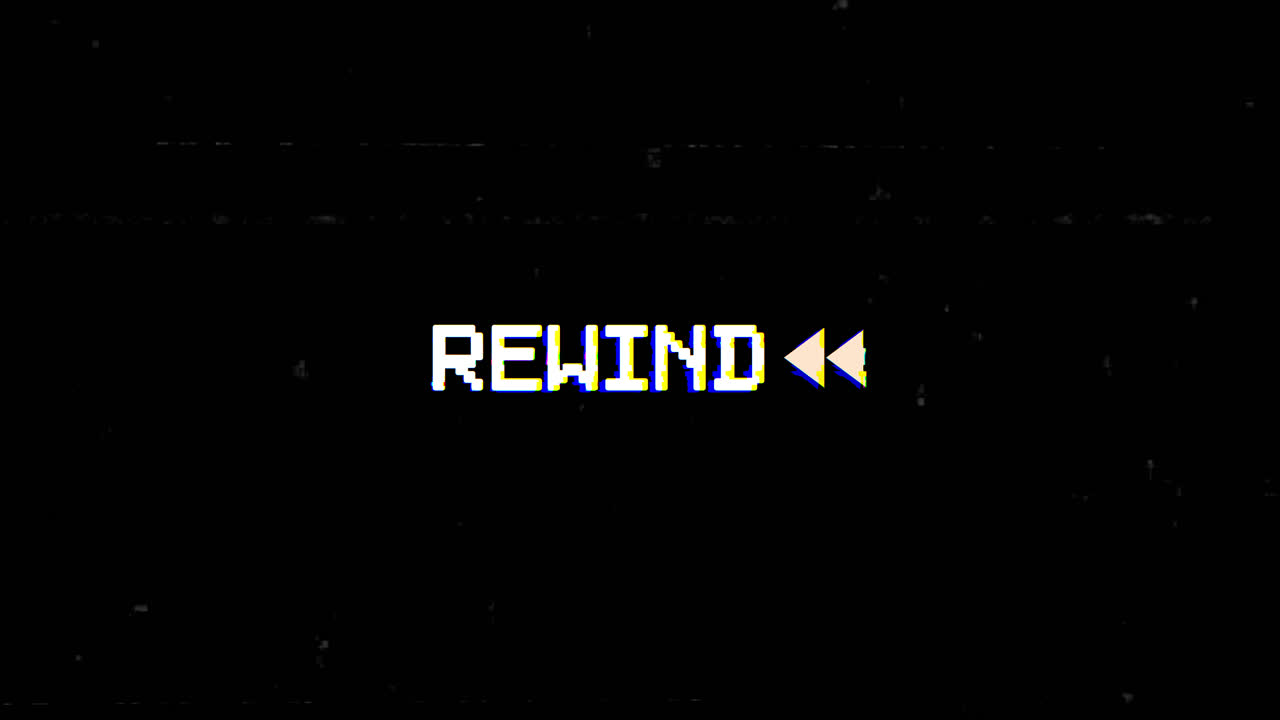 Pixelated Rewind Text with Glitch Effect and VHS Static