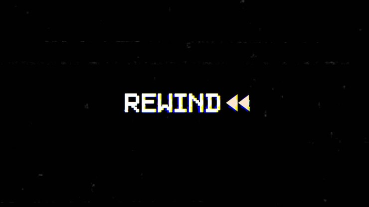 Testo Rewind Pixelato con Effetto Glitch e Rumore Statico VHS