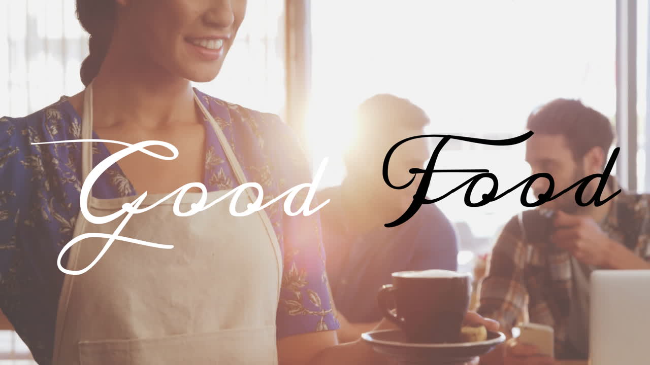 Smiling waitress serving coffee, Good Food text animation over cafe scene