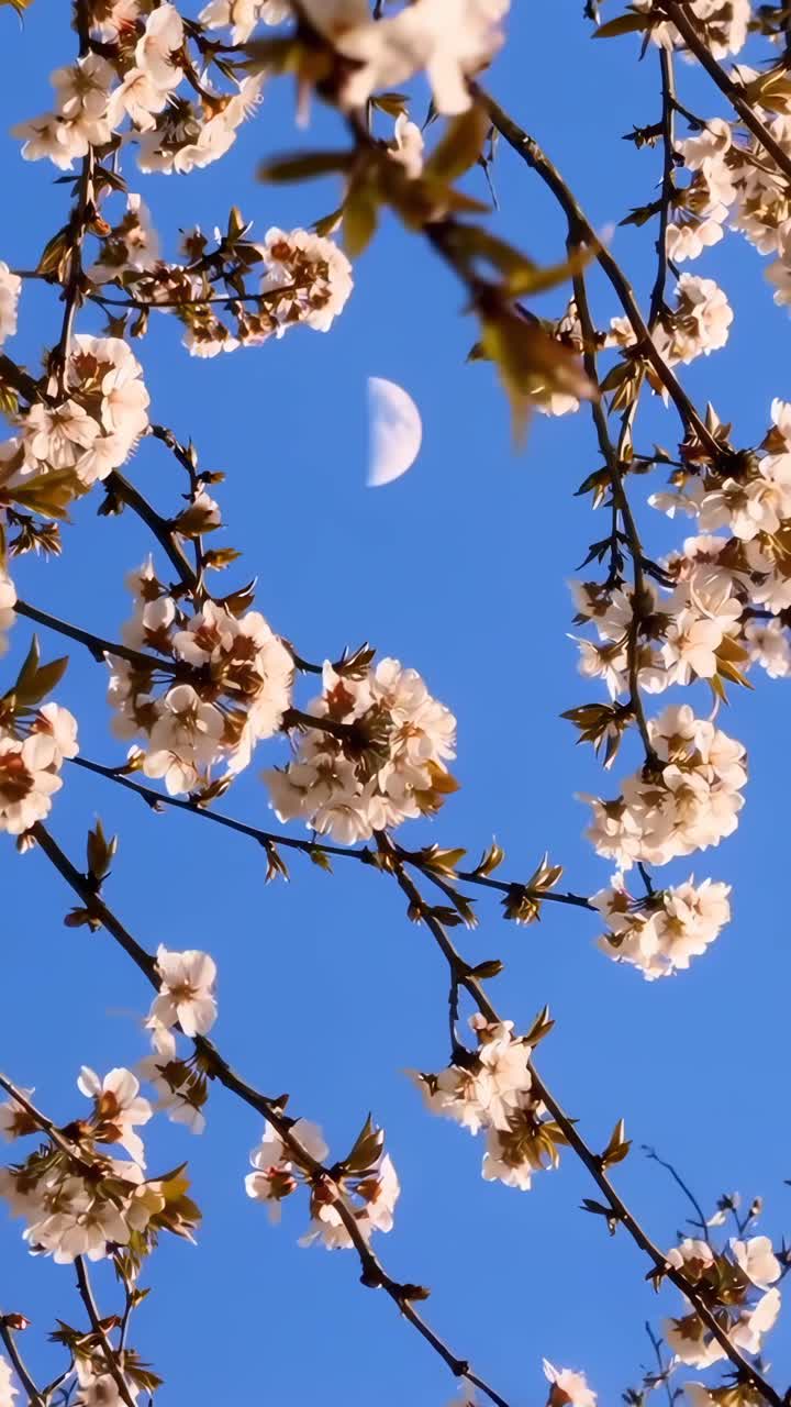 Upward angle captures cherry blossoms framing the moon against a blue sky, ideal for a serene video