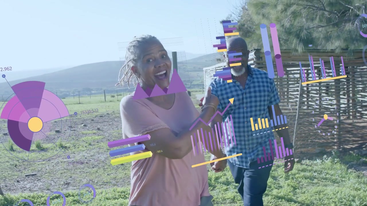 Senior duo walking hand-in-hand, woman pointing AR charts aligning with gestures showing farm data