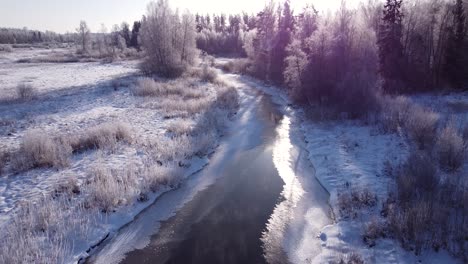 Río-Parcialmente-Congelado-De-Invierno-En-Vista-Aérea-Del-Paisaje-Forestal