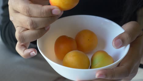 a woman's hands holding a bowl of apricots