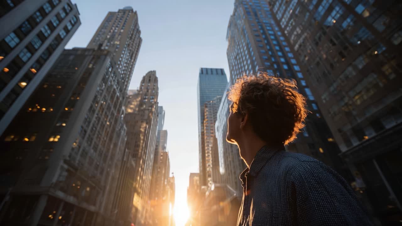 A person gazes up at towering skyscrapers as the sun sets between the buildings, casting a warm glow and highlighting the beauty of urban architecture