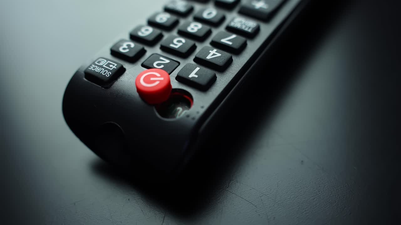 Telecomando TV rotto con pulsante di accensione mancante su un tavolo scuro, ripresa macro con messa a fuoco selettiva e spazio per il testo. Concetto per guasto del dispositivo, risoluzione dei problemi, servizio di riparazione e problemi di streaming.