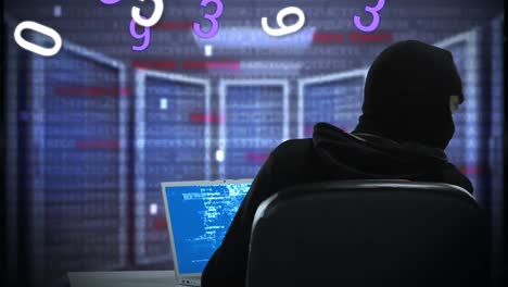 animación del procesamiento de datos sobre un hacker caucásico usando una computadora en la sala de servidores