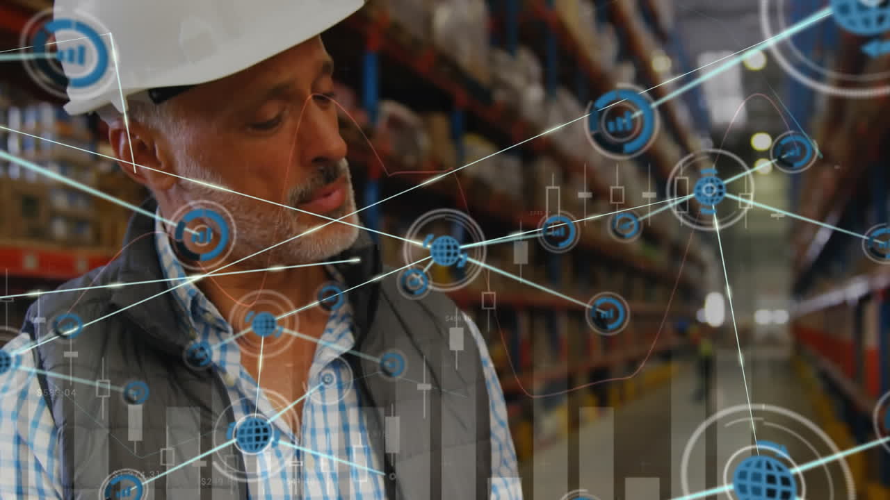 animación de la red de conexiones sobre el hombre caucásico que trabaja en el almacén