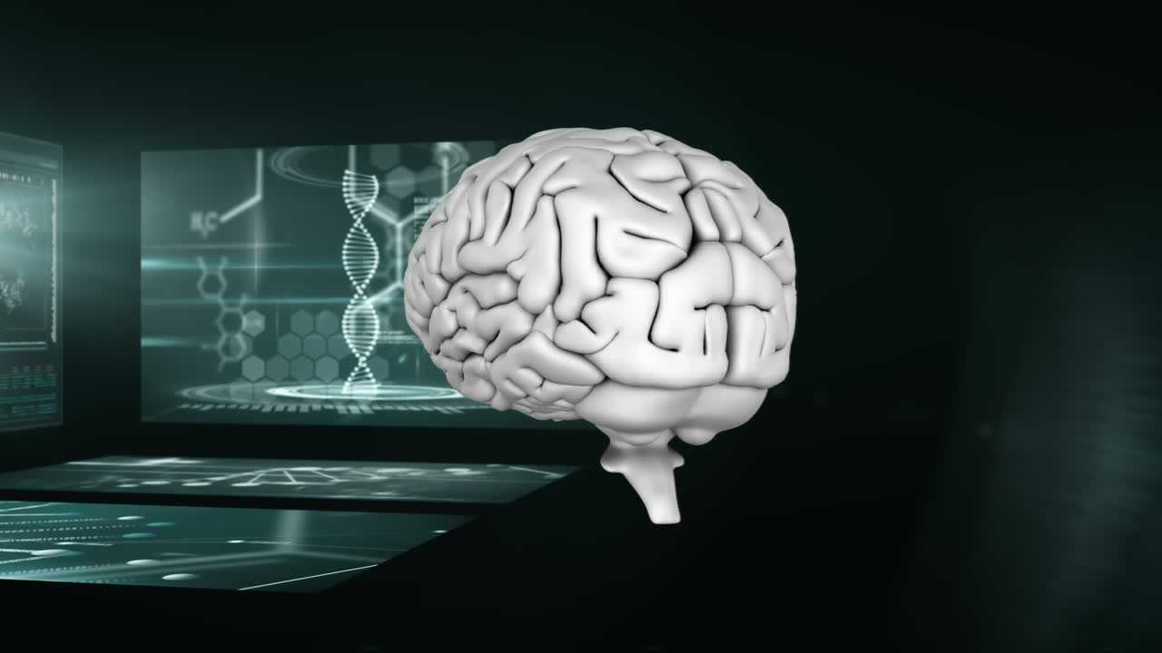 Animation of rotating 3D brain with scientist screens in background