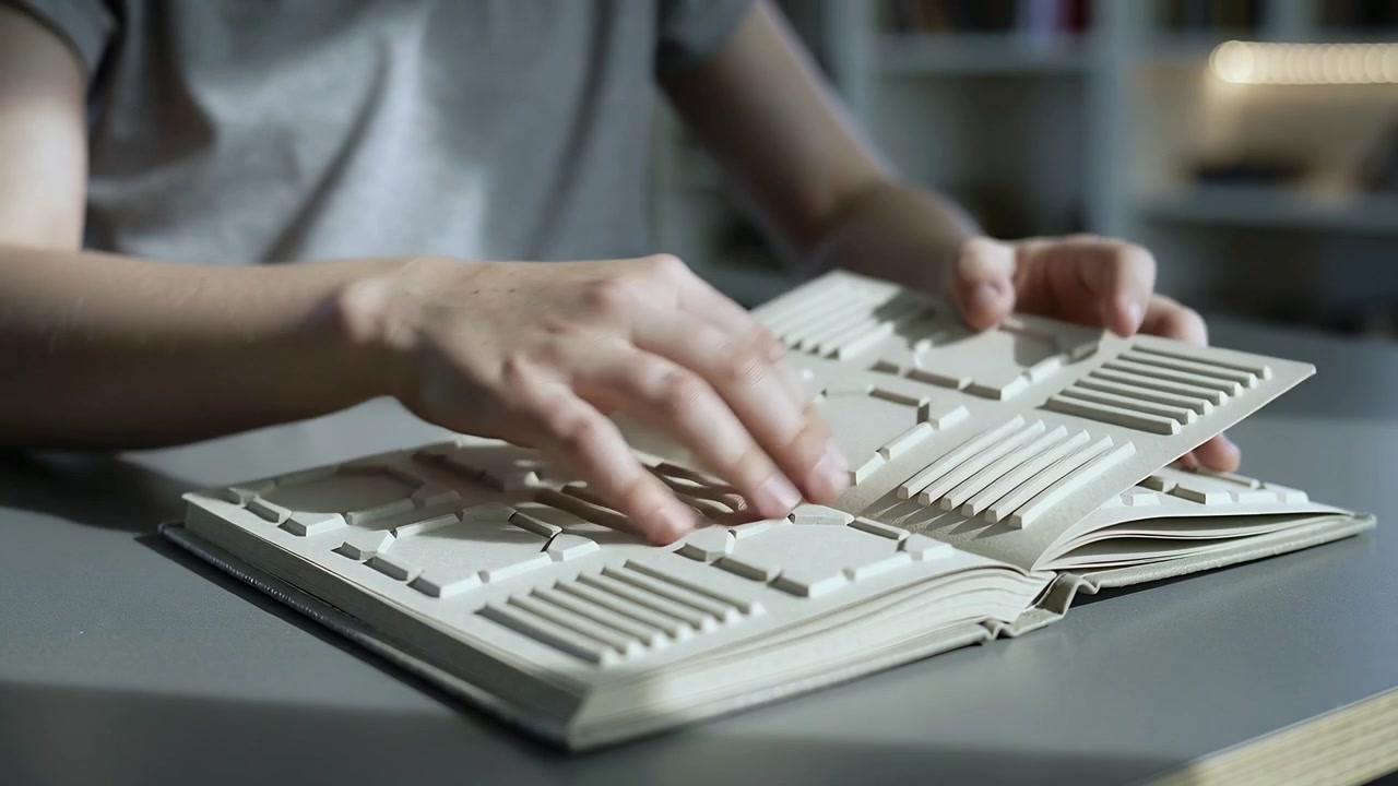 Mani di un adulto che si sollevano da una scrivania in studio indossando una maglietta corta, girando pagine di campioni in rilievo