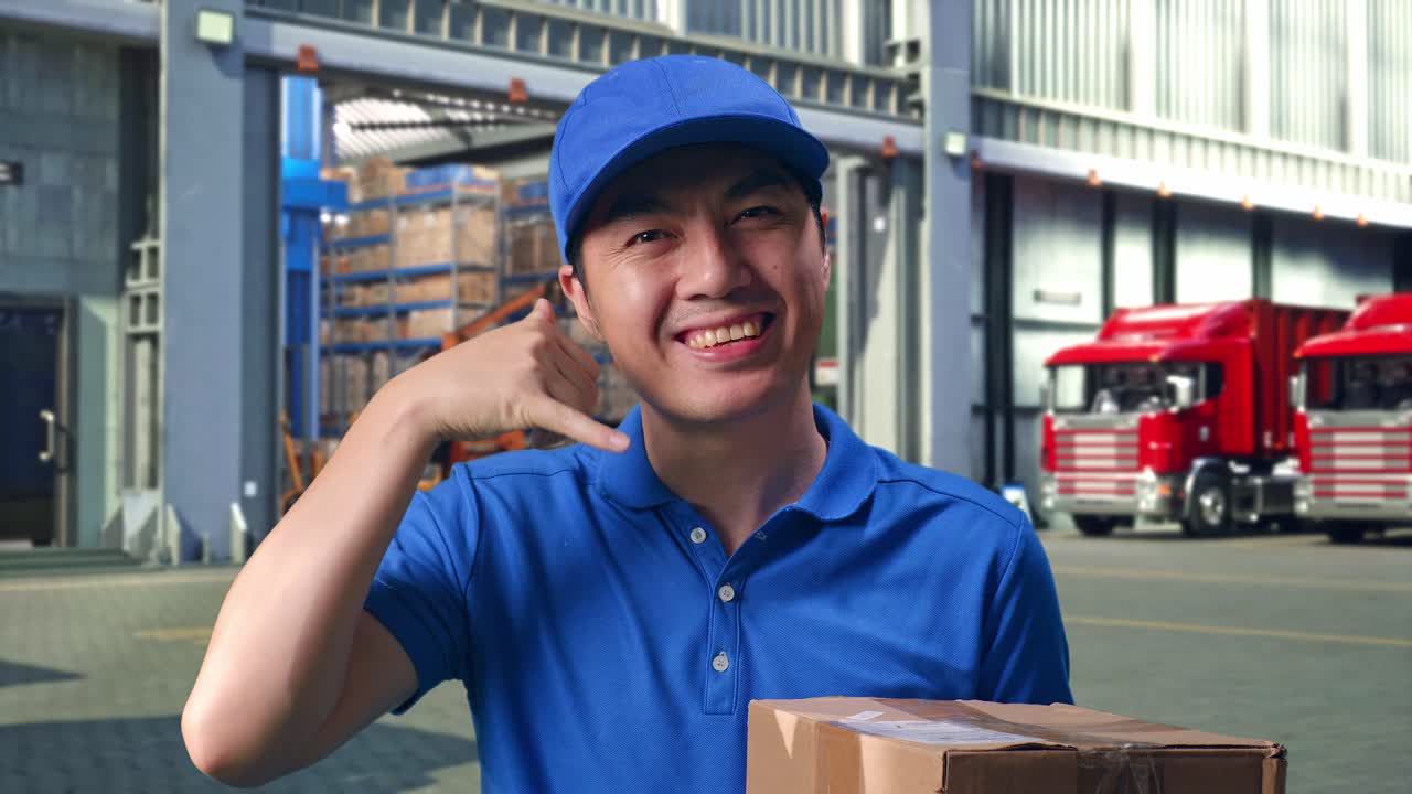 Close Up Of Asian male Courier In Blue Uniform Showing Call Me Gesture And Smiling While Delivering A Carton, Outside of Logistics Distributions Warehouse