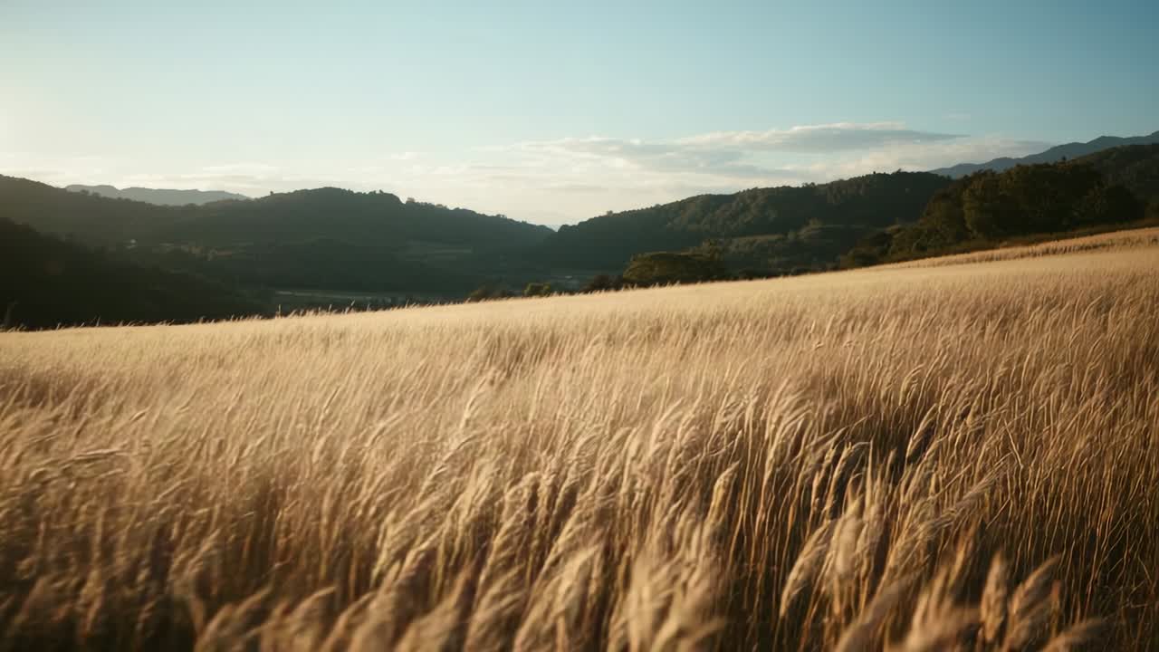 Swaying golden grass stalks rippling under breeze in rural field, with rolling hills, wispy clouds