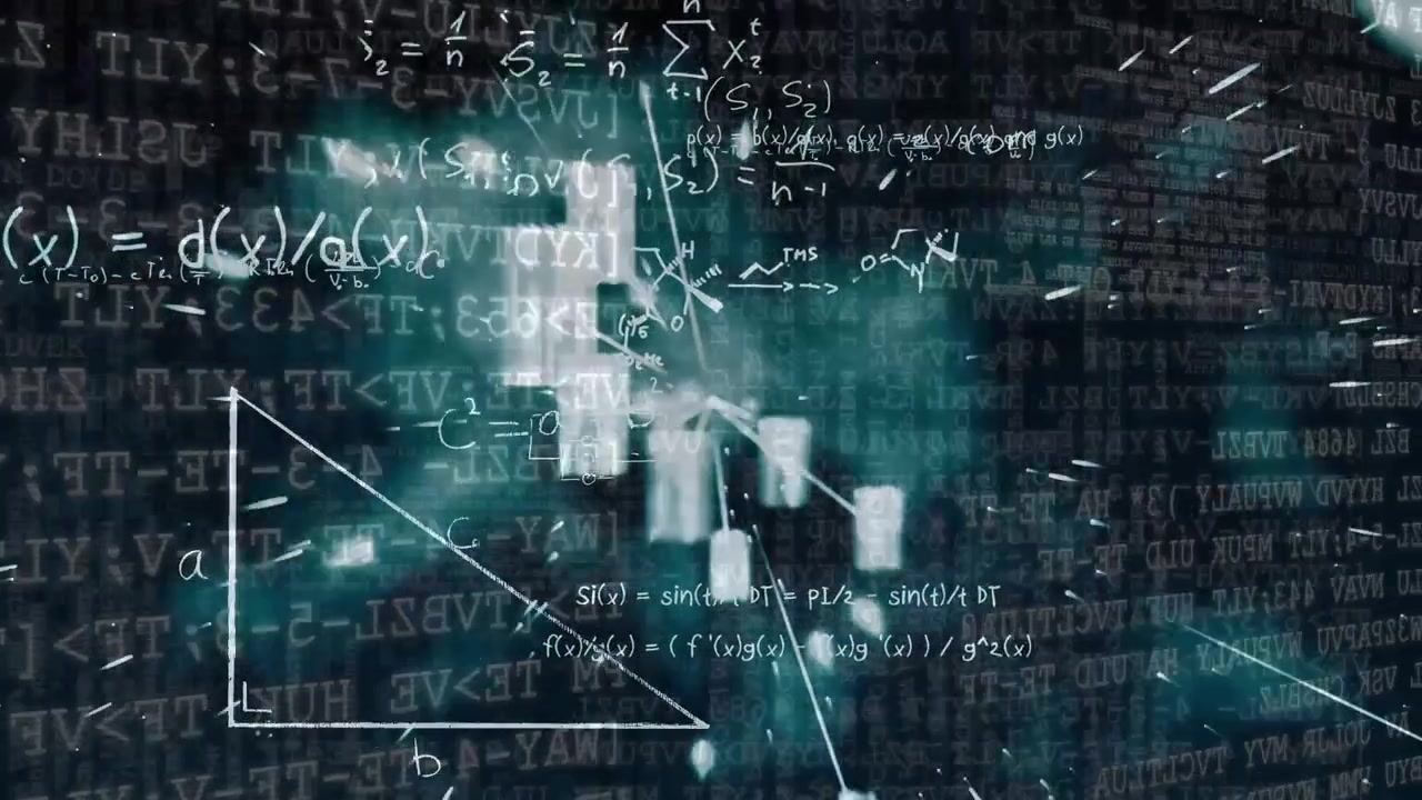 Animation of data processing and math formulas over black background