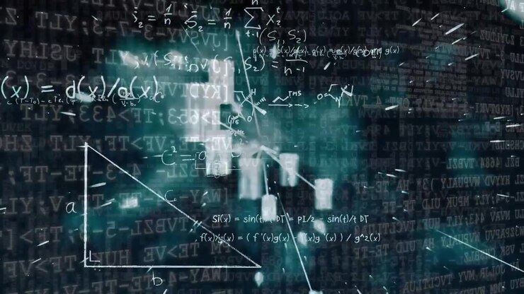 Animation of data processing and math formulas over black background