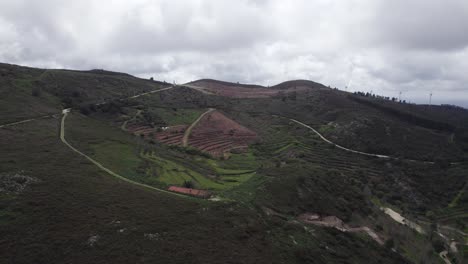 Aerial-view-orbiting-Monchique-agricultural-crop-terraces-and-pristine-lush-Portugal-farmland-slopes