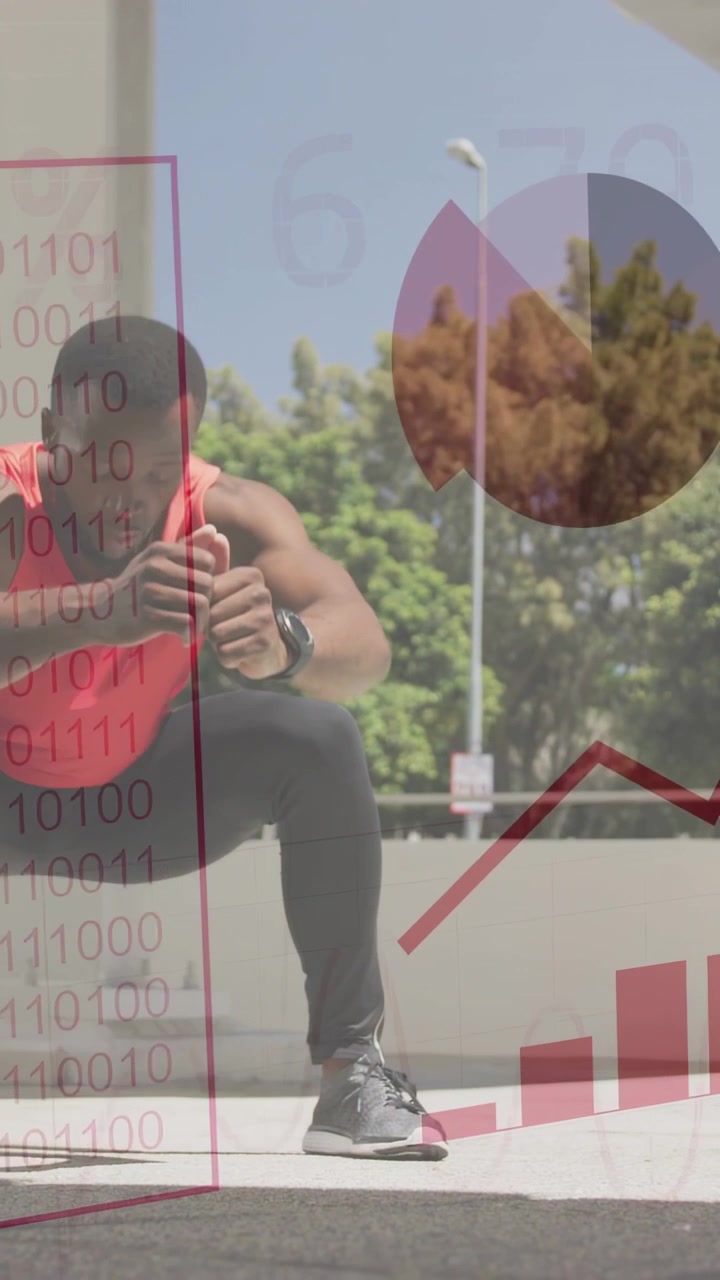 Video verticale: Atleta uomo che tocca il dispositivo da polso su un tetto, preparandosi all'allenamento e mostrando grafici di dati.