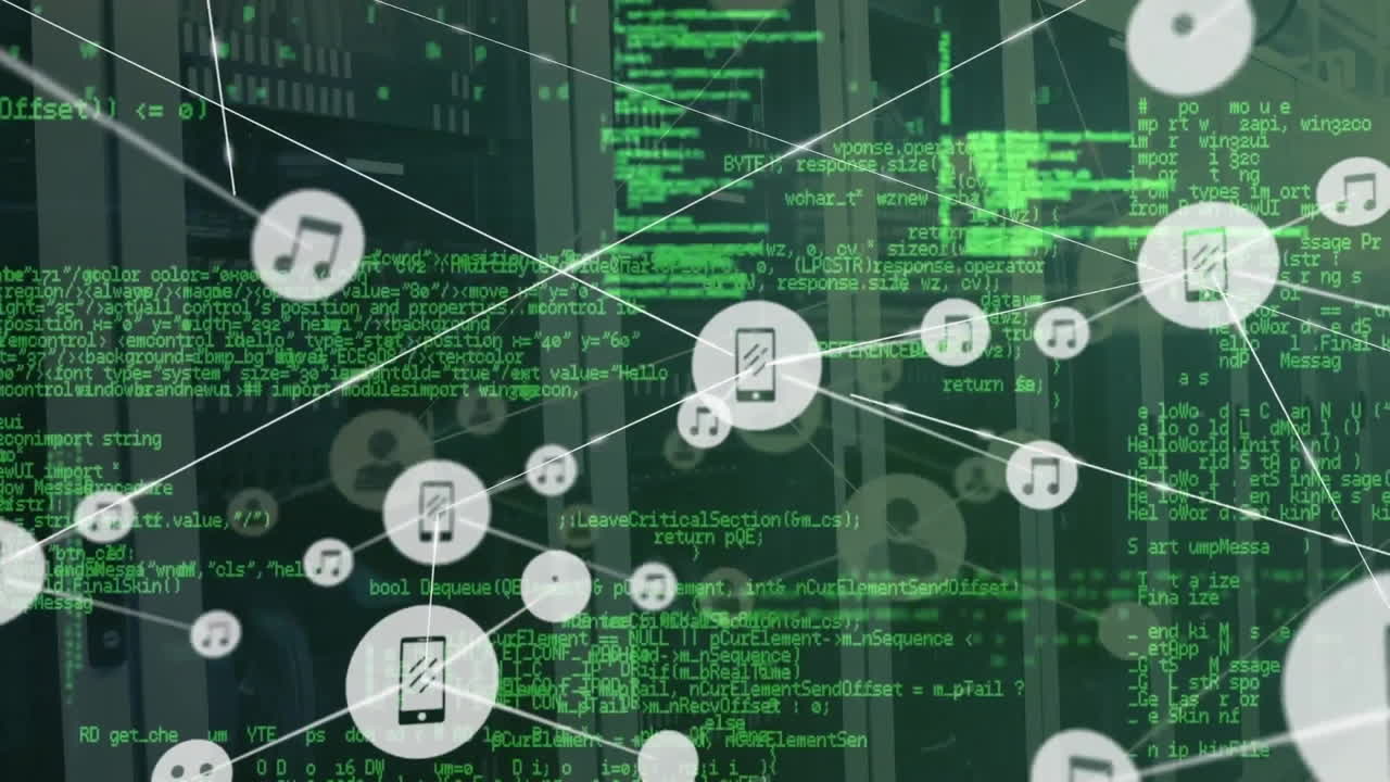 animación del procesamiento de datos financieros a través de una red de conexiones y servidores informáticos