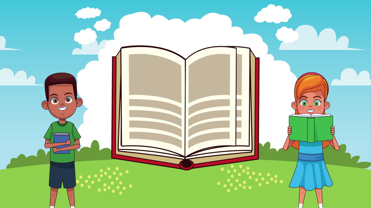 niños estudiantes leyendo libros en el campamento personajes animados