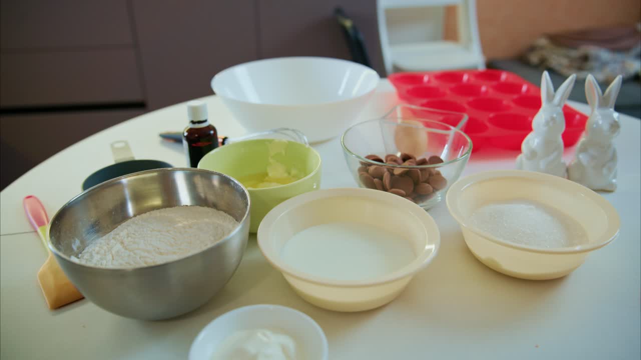 Baking Essentials Displayed: A Vibrant Preparation Scene with Ingredients and Tools for Creating Delicious Treats