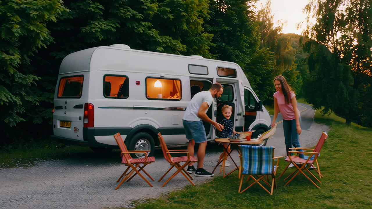 Family enjoying an outdoor meal during a camper van road trip at sunset