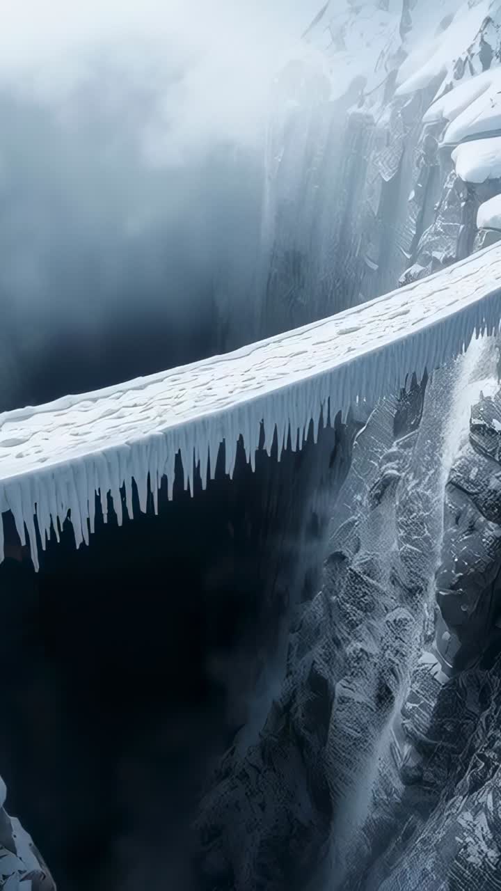 Video verticale: carrellata orizzontale che riprende un profondo crepaccio, mostrando un ponte di ghiaccio e stalattiti per dare profondità
