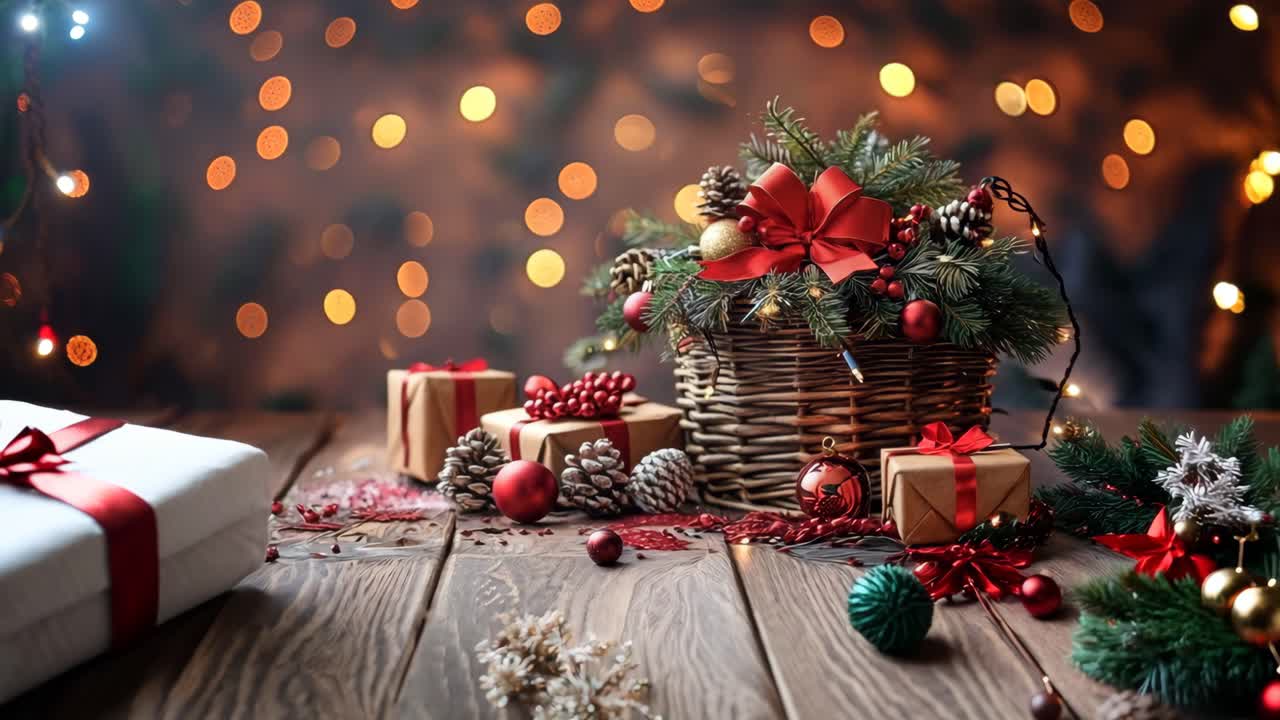A basket of Christmas decorations sits on a wooden table. The decorations include pine cones, red ribbons, and gold ornaments. The scene conveys a festive and joyful mood