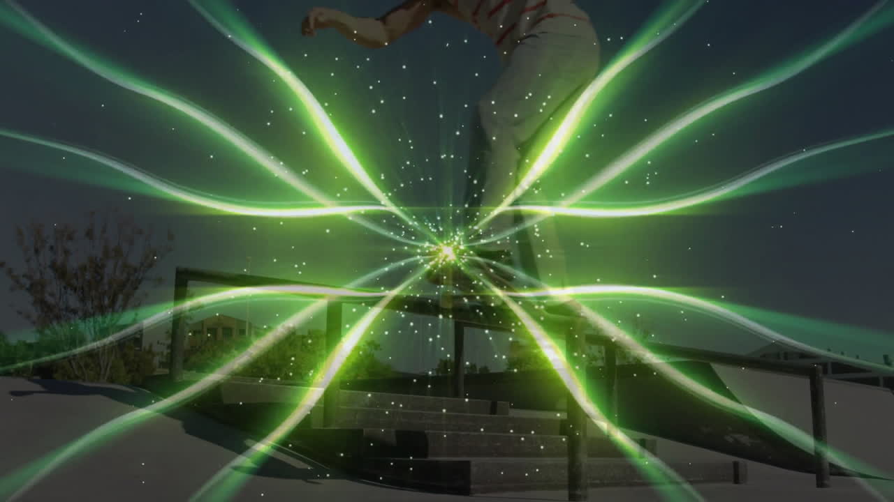 skateboarder performing grind trick in skatepark, showcasing sports tech with green radial sparks