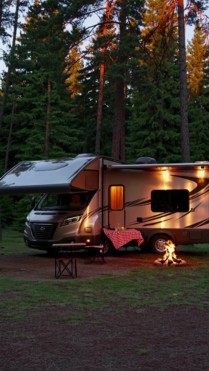 Autocamper og lejrbål i en fredfyldt skov i skumringen