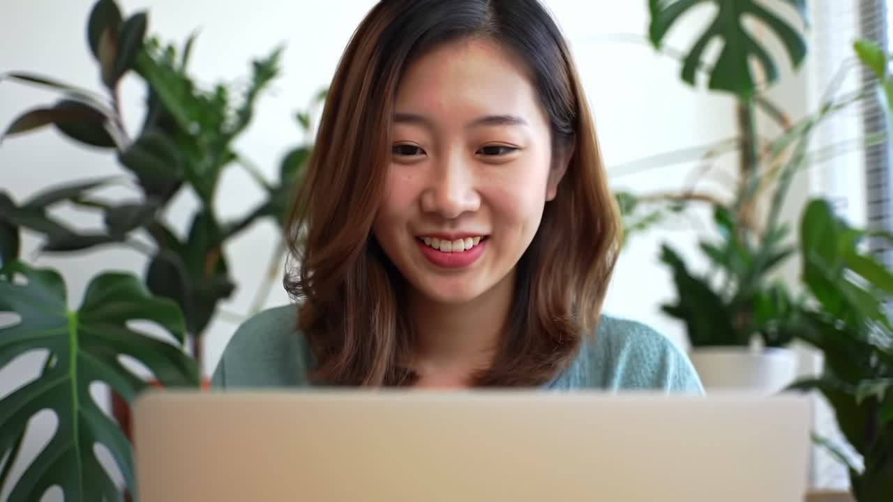 A young woman engaging with her laptop, immersed in a digital experience surrounded by lush greenery, showcasing a moment of joy and connection in a serene environment