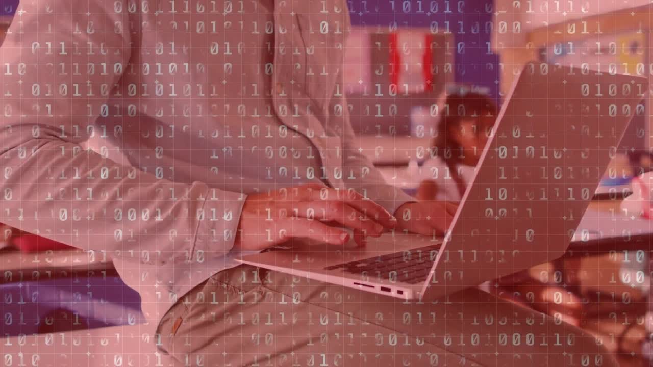 Animation of digital data processing over caucasian schoolboy using laptop