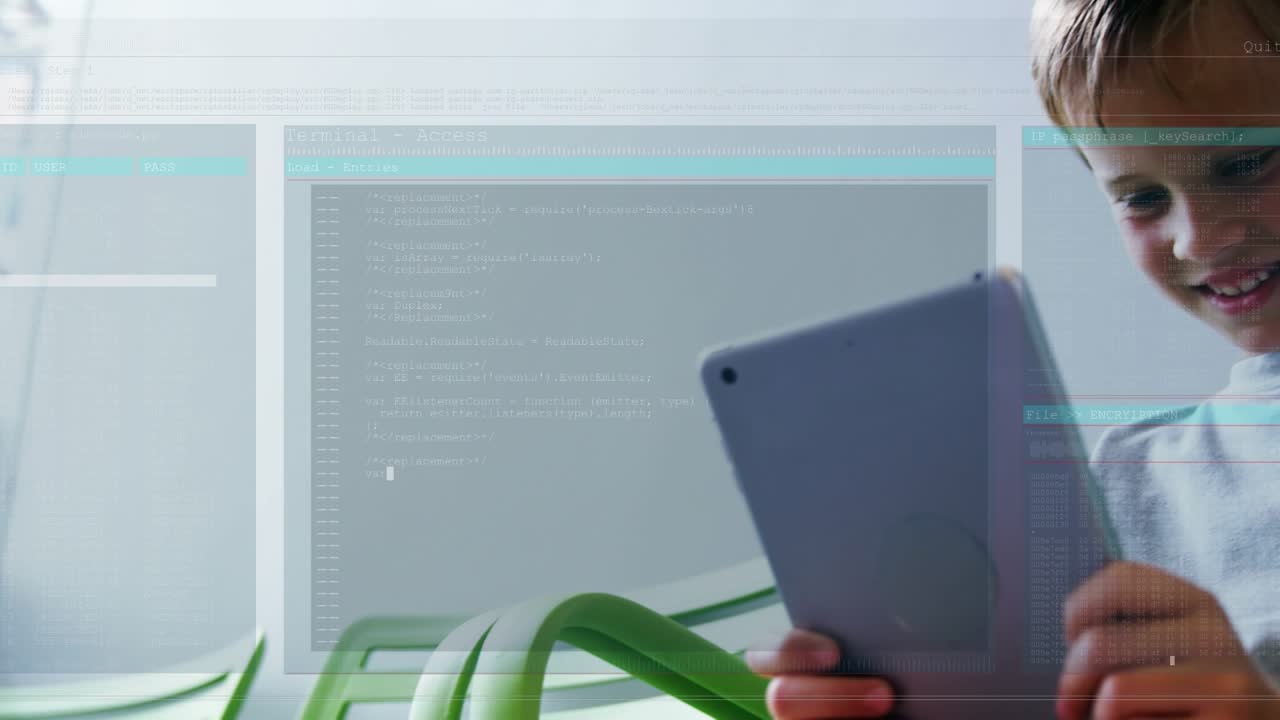 Animation of data processing and people icon over caucasian boy using tablet