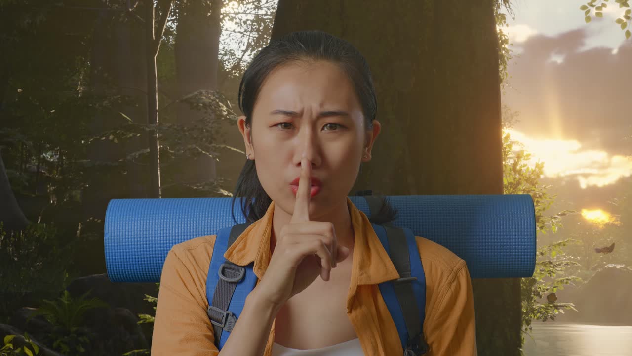 Close Up Of Asian Female Hiker With Mountaineering Backpack Looking At Camera And Making Shh Gesture While Exploring Forest Nature