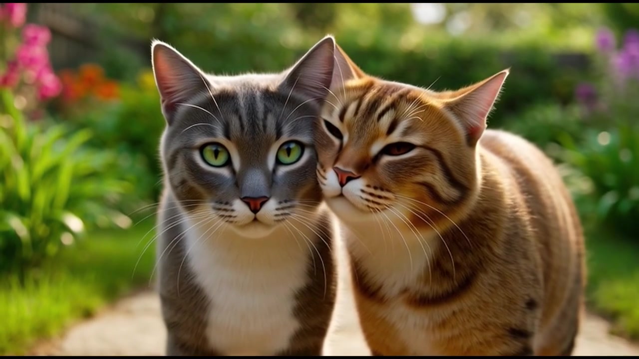 Due gatti che si salutano su un sentiero del giardino