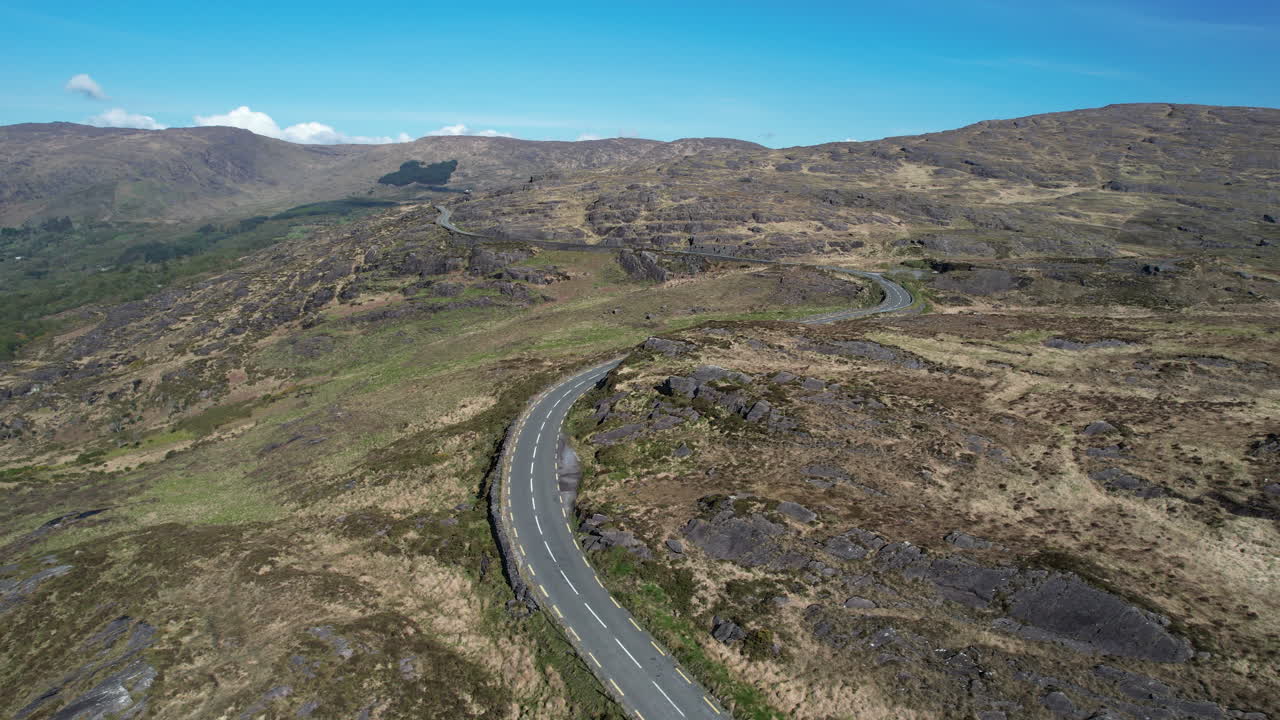 Aerial View of Road in Caha Mountains, Cork County, Ireland, Scenic Landscape on Sunny Day