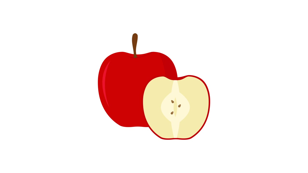 Grafisk animation af et helt og et skåret rødt æble.