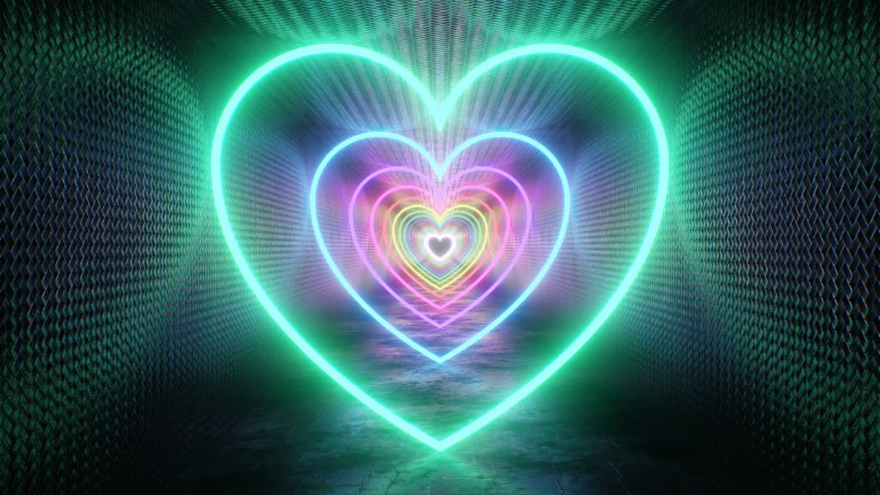 네온 무지개 사랑 심장 모양 금속 터널에서 반이는 반사 - 4k 원활한 vj 루프 모션 배경 애니메이션