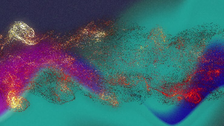 Animation of moving glowing lights and waves over colorful background
