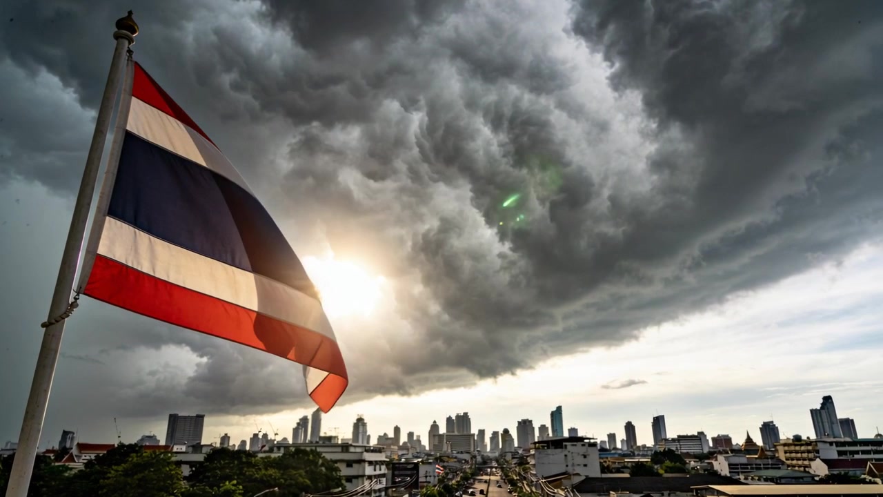 Grande bandiera tricolore che sventola su un'asta sul tetto, con raffiche di vento che muovono il tessuto e preannunciano una tempesta, con spazio per il testo.