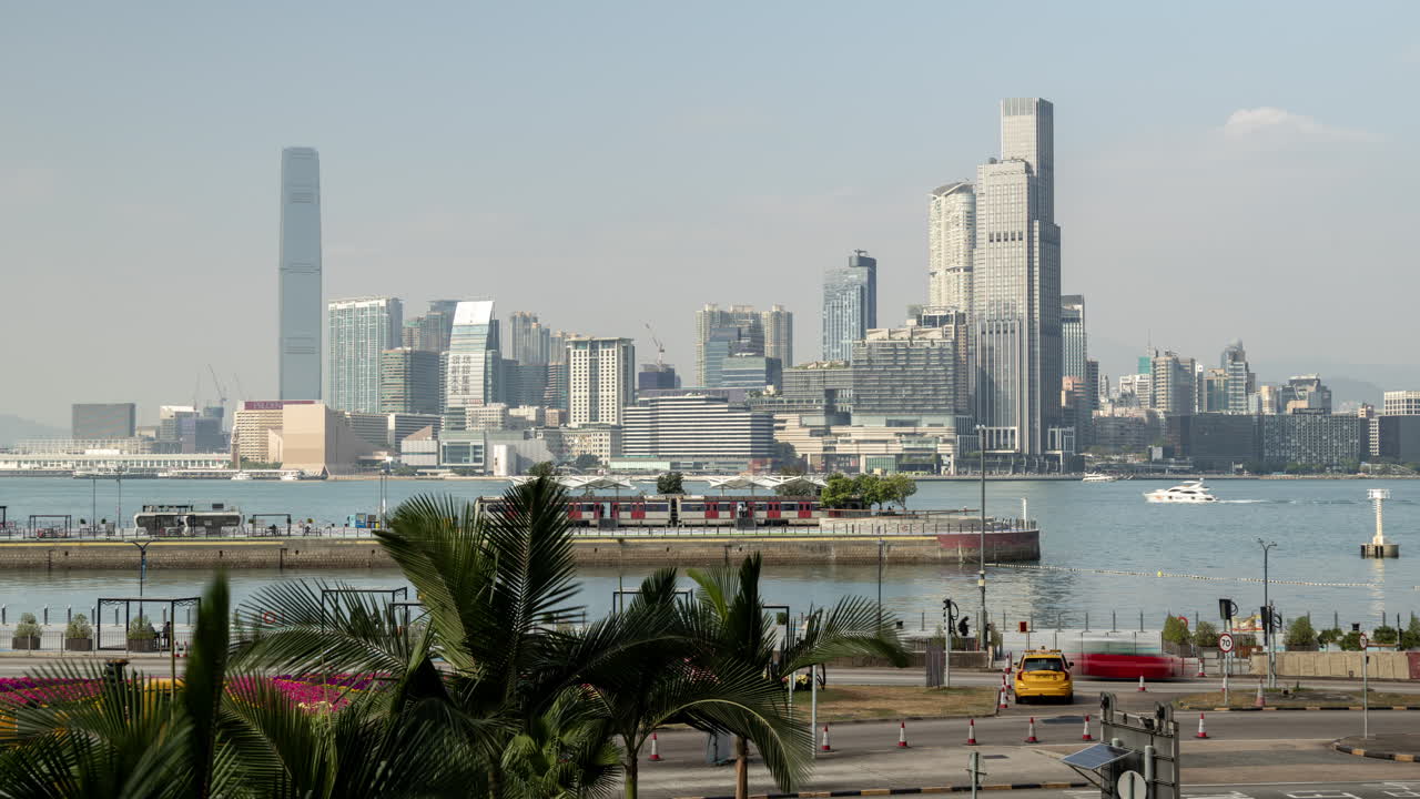 Hong Kong City Skyline and Harbor with Moving Traffic Time Lapse