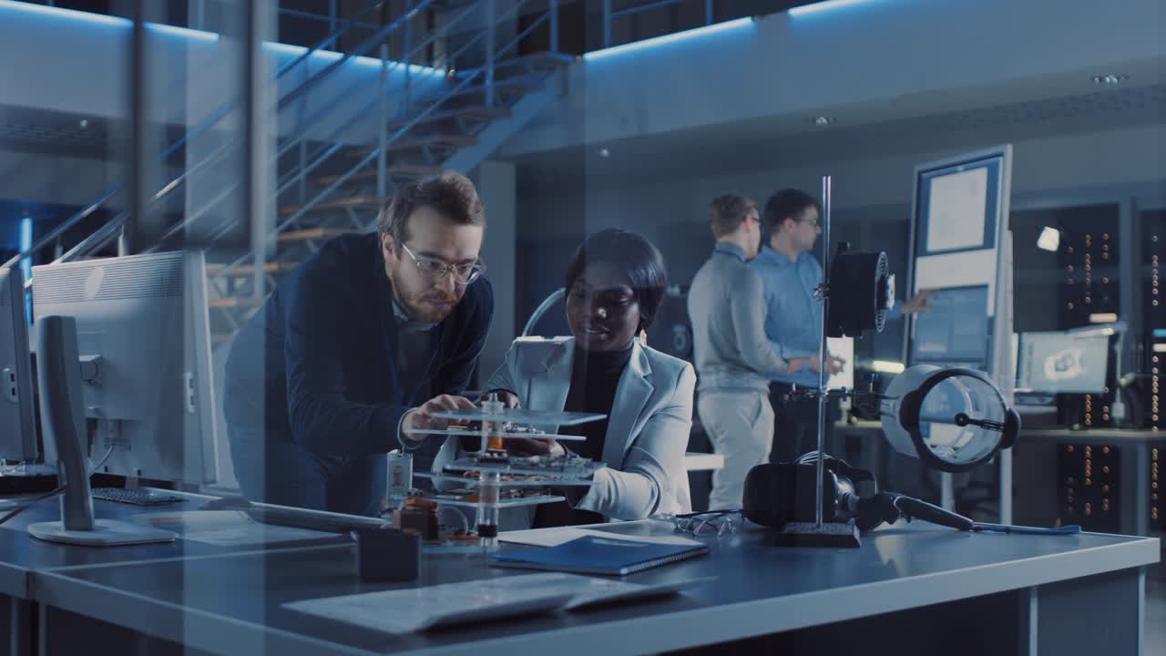 Electronics Development Engineer Talks with Project Manager, they Choose PCB Motherboard to Hold Device Microchip. Team of Professionals Use Digiral Whiteboard, Tablets and CAD Software for the Modern Industrial Engineering Design.