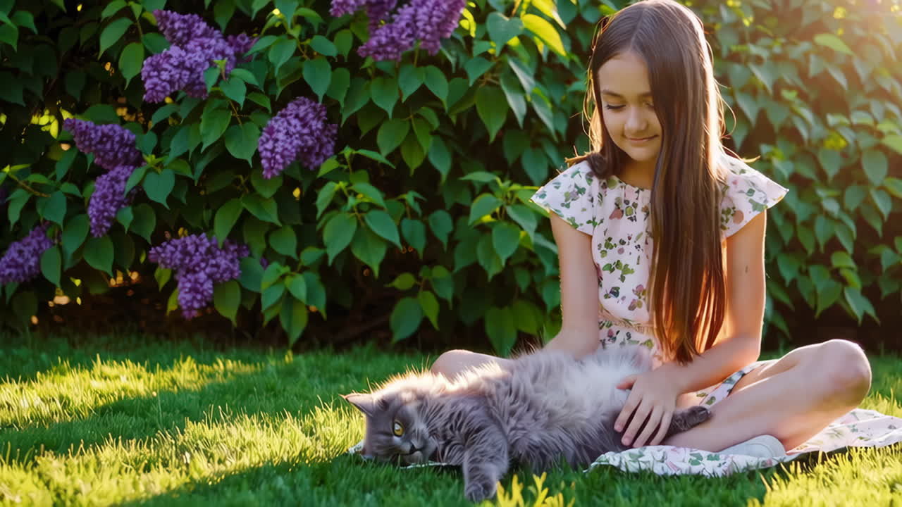 Girl petting a cat in a garden with lilac flowers