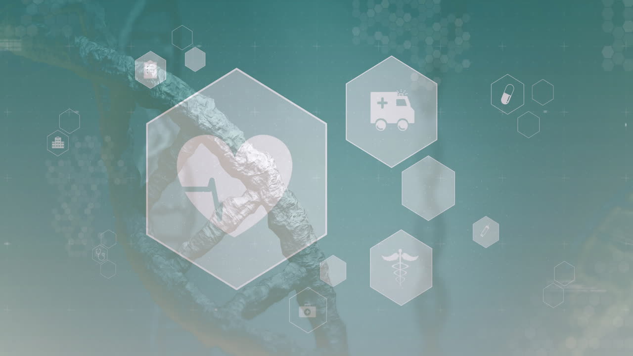 애니메이션 심장 및 의료 아이콘을 dna 줄무 배경으로 표시합니다.