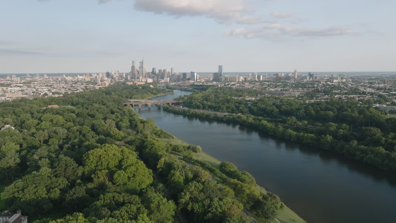 Aerial view of Downtown Philadelphia. Shot along the Schuylkill River on a summer day
