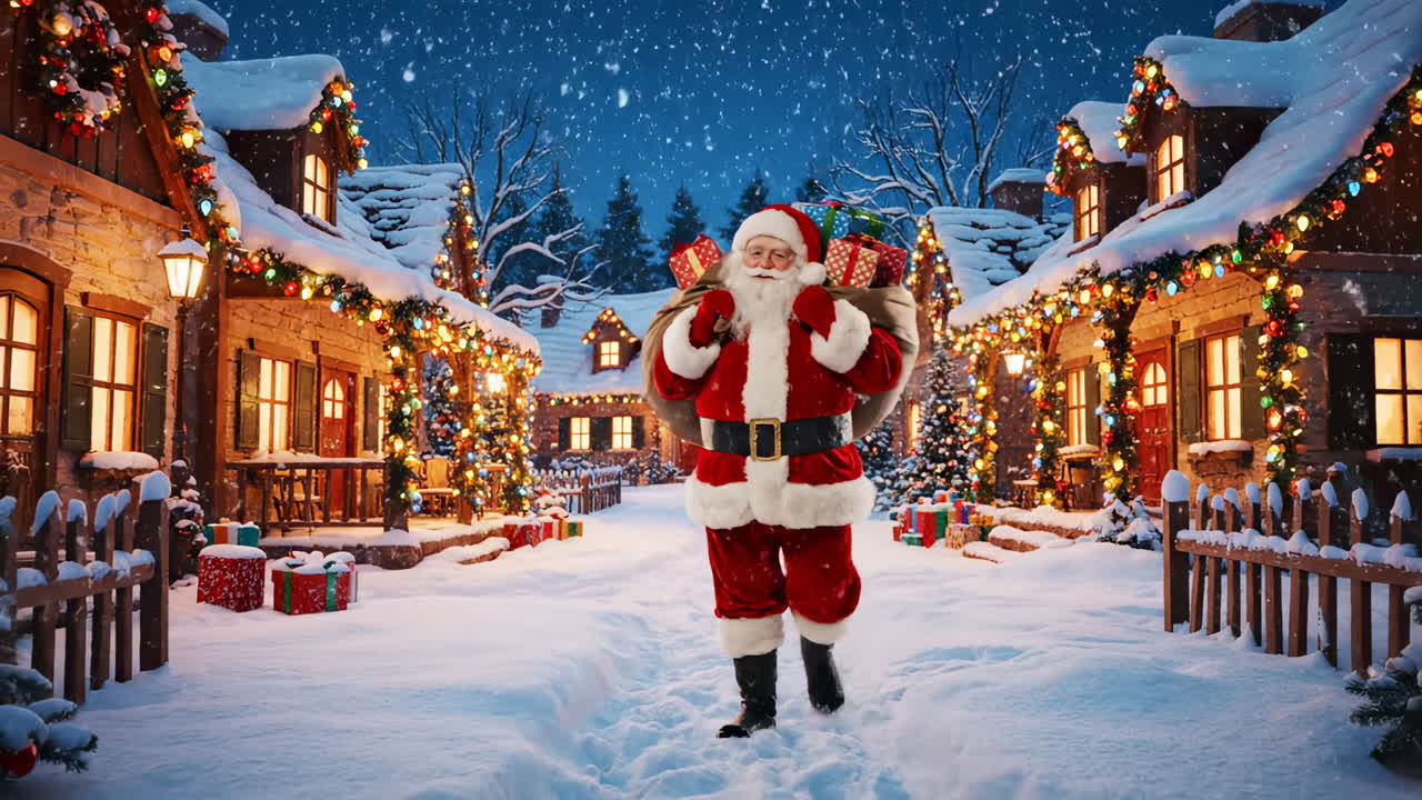 Santa in a snowy Christmas village scene. Santa stands happily in a charming village covered in snow, surrounded by festive decorations and colorful gifts