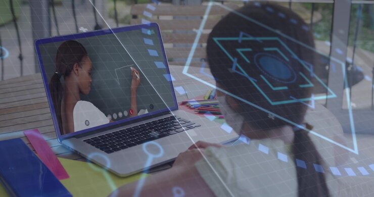 Animation of network of connections over icons over caucasian man using computer greetings
