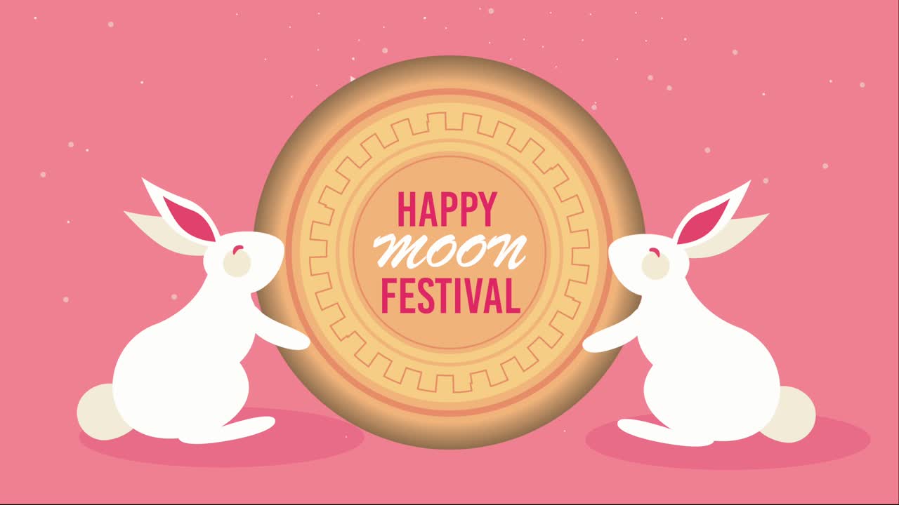 happy moon festival lettering with rabbits