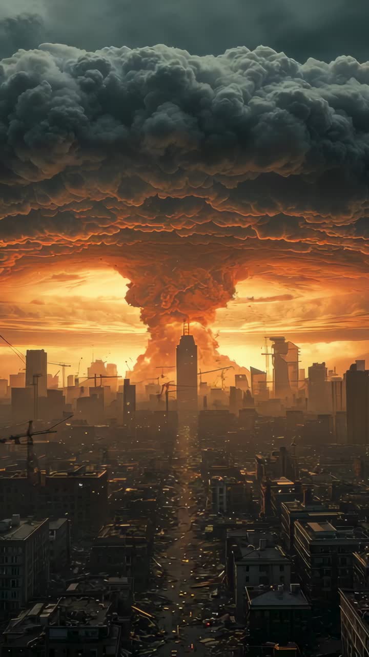 Vertical video: Glowing horizon sparking beam past skyscraper in city avenue forming mushroom cloud